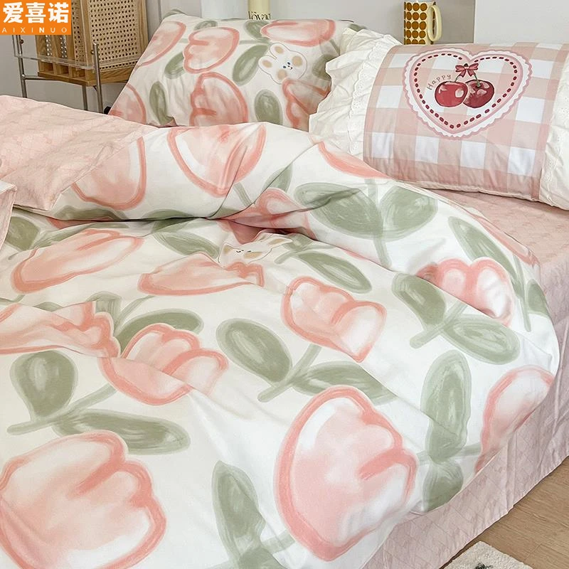 ins风少女纯棉100床上四件套全棉卡通床品儿童宿舍被套床单三件套