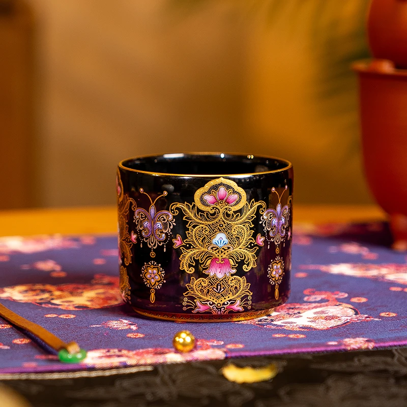 【伴斤茶舍】溢珍堂金彩蝶纹直口杯黑地图案手工创意陶瓷描金珐琅彩