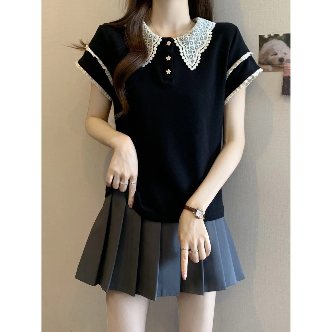 大码复古高级感蕾丝短袖T恤女夏季时尚正肩体恤胖MM遮肉显瘦上衣