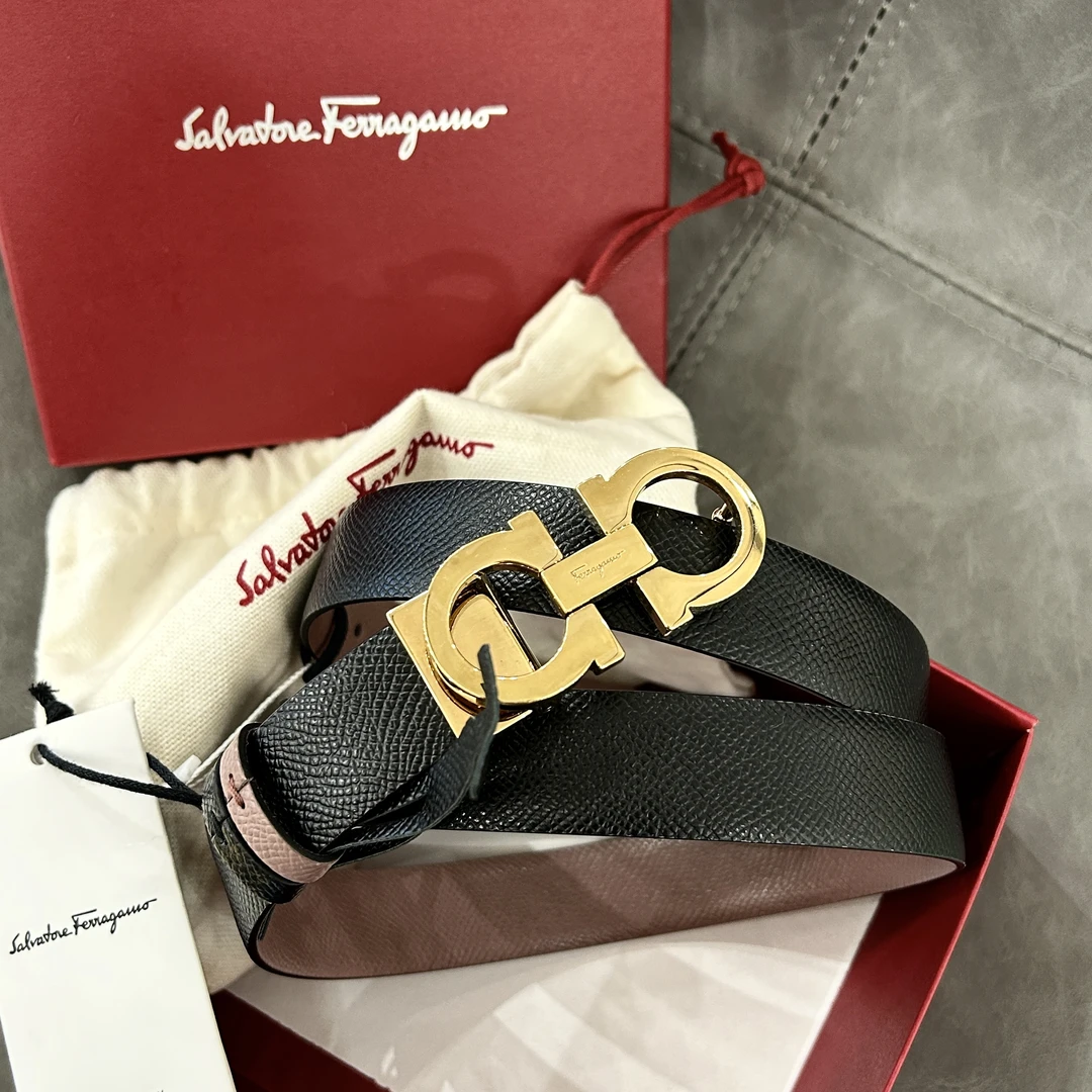 全新未使用 FERRAGAMO/菲拉格慕 蔚蓝/金色扣头荔枝纹腰带2.8/100