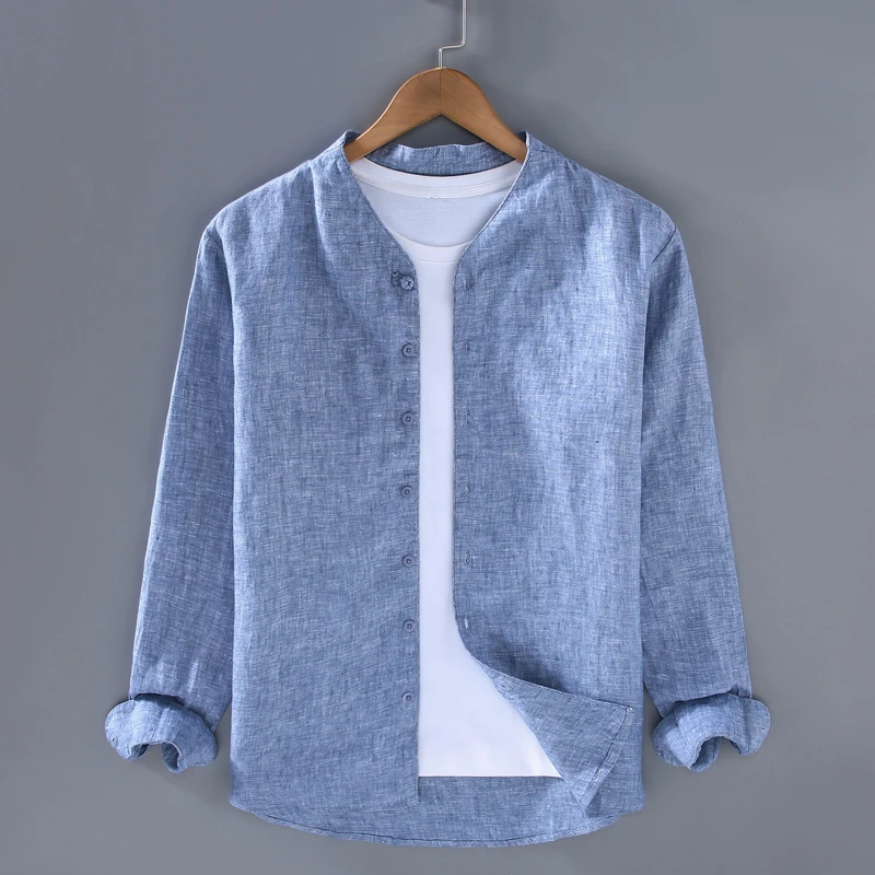 巴格奴纯亚麻长袖衬衫男士夏季新款时尚轻奢复古休闲国风透气衬衣