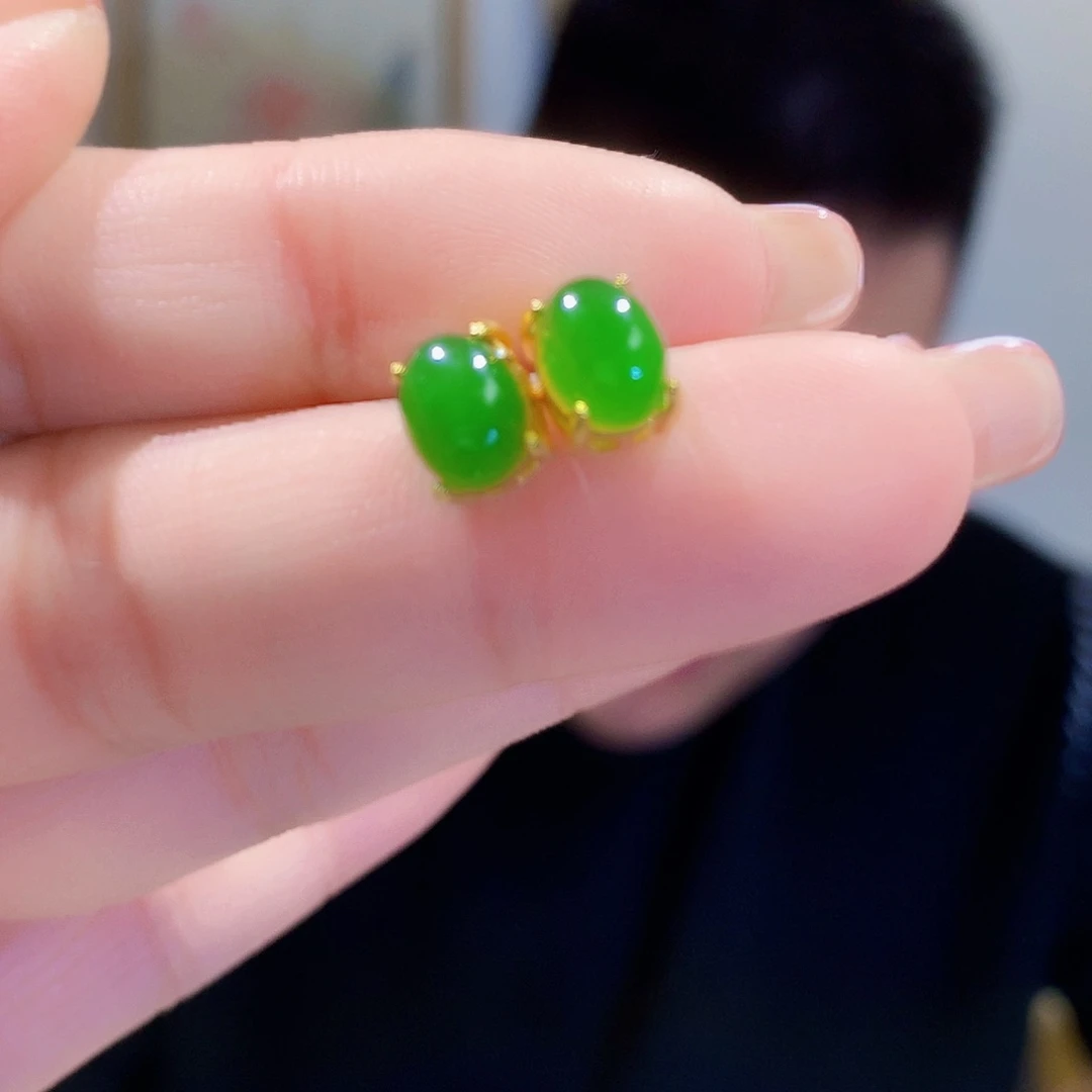 和田玉（碧玉）耳饰银S925镀金镶嵌