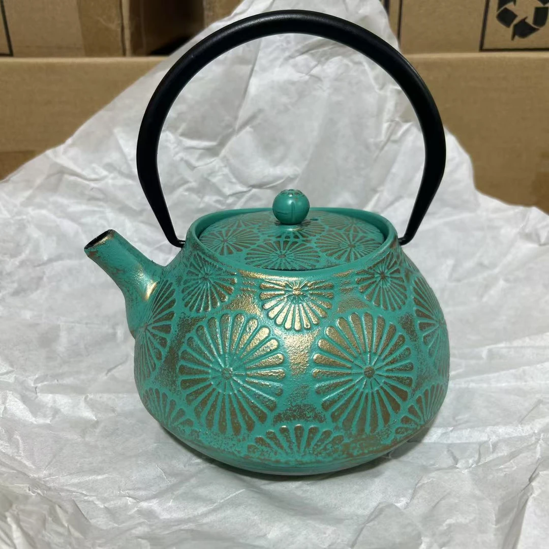 【太阳花】新元宝铸铁壶1200ml-绿描金