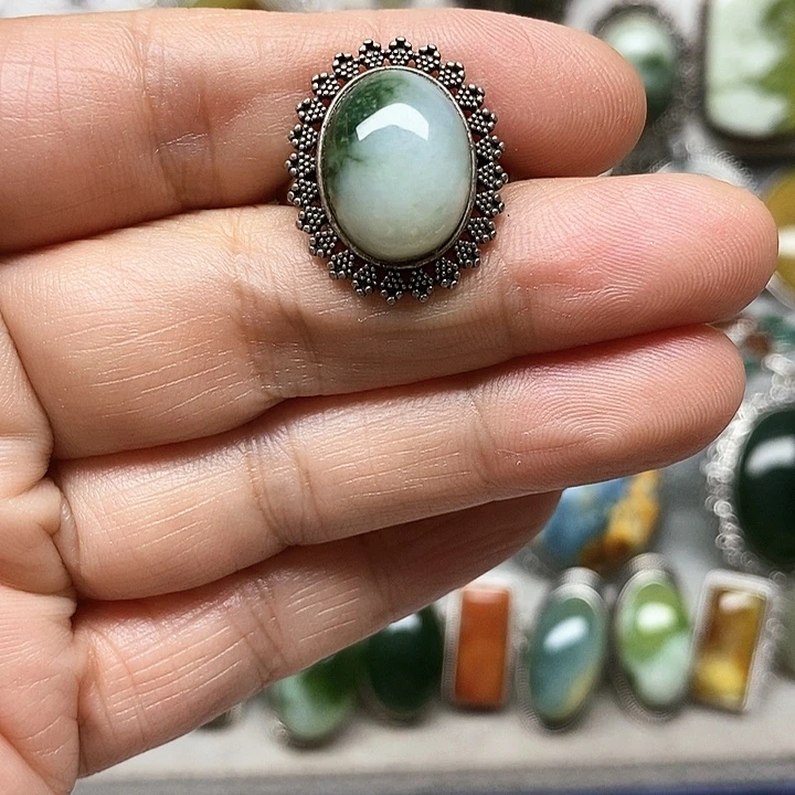 蛇纹石玉银S925镶嵌戒指