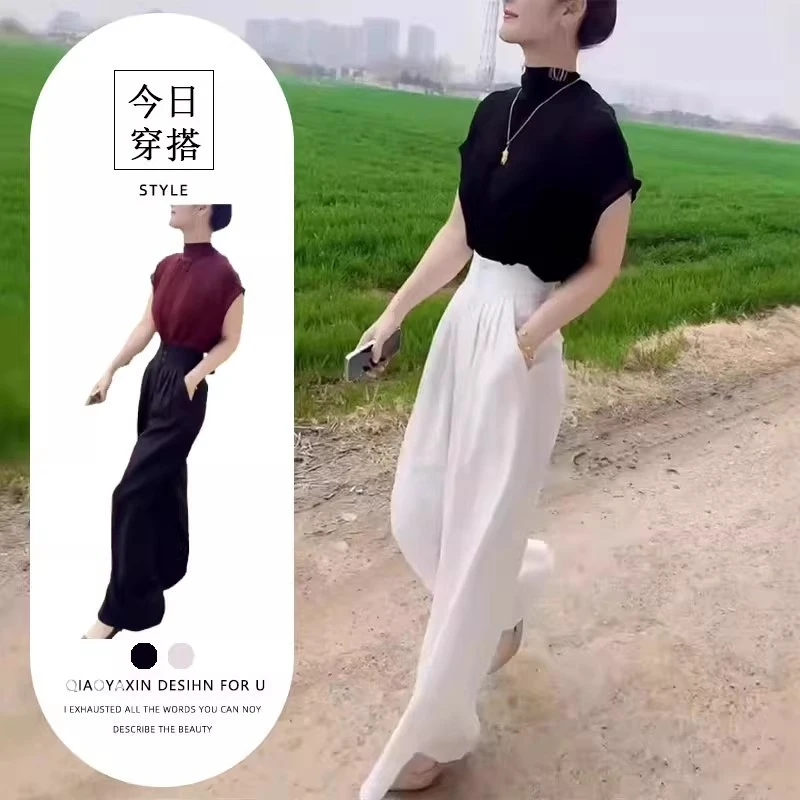 单件/2025夏季新宽松时尚洋气设计感短袖纯色上衣高腰阔腿裤时尚