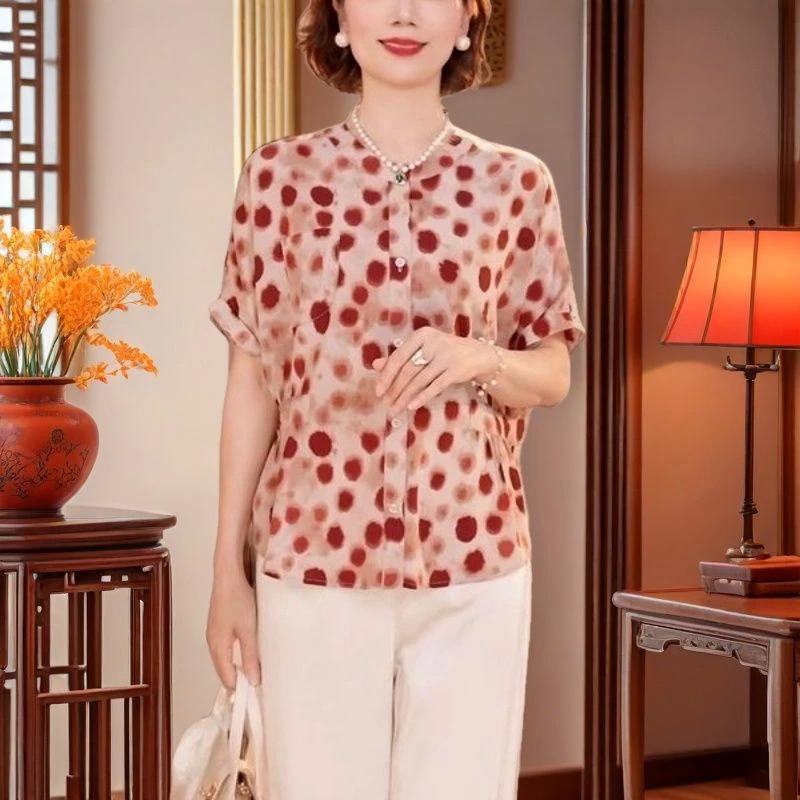 妈妈装衬衫短袖夏季透气清爽洋气小衫遮肚显瘦大码中年女士两件套