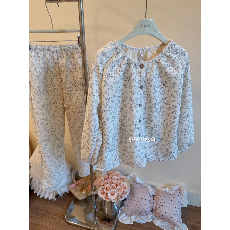 碎花睡衣女款秋冬季长袖空气棉夹层甜美可爱风兔子夹棉家居服套装