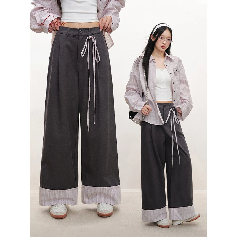 Liilou 25ss Athflow 条纹拼接 棉宽翻边高腰直筒裤