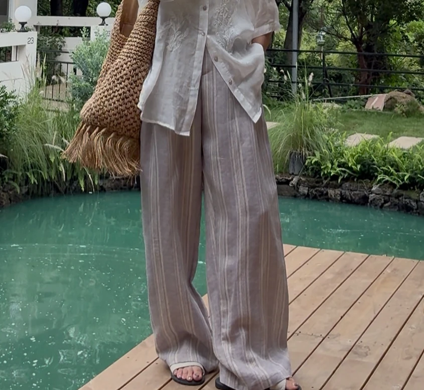 【紫光流金】微胖大码 紫色条纹金丝细闪阔腿裤长裤蓬蓬裤250458