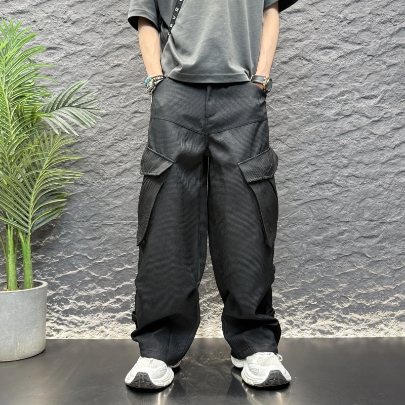 2025新款男士宽松阔腿大直筒纯色黑色拼接男士黑色男士直筒阔腿裤