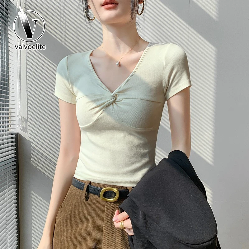 VALVOELITE设计感小众V领短袖T恤女夏季新款修身显瘦别致上衣小衫