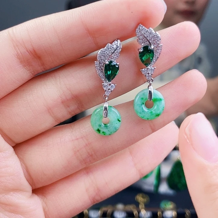 翡翠耳饰银S925镶嵌饰品