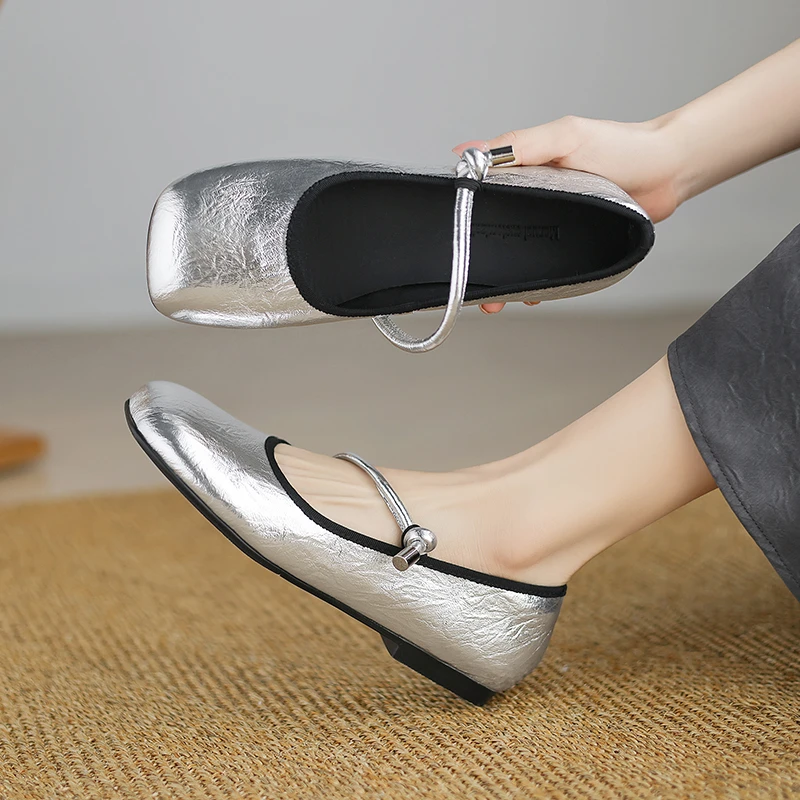 平底芭蕾单鞋女2025新款春鞋真皮玛丽珍鞋女羊皮软底鞋银色小皮鞋