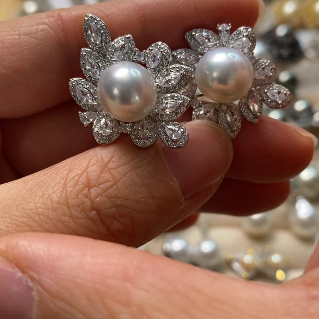 海水珍珠耳饰银S925镶嵌