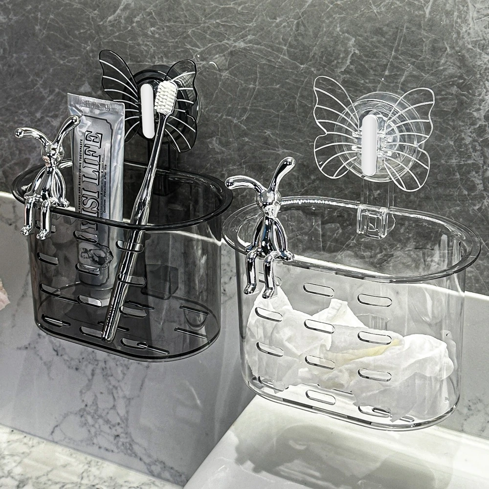 蝴蝶吸盘洗脸巾挂篮置物架壁挂式免打孔卫生间收纳架沥水牙刷杯