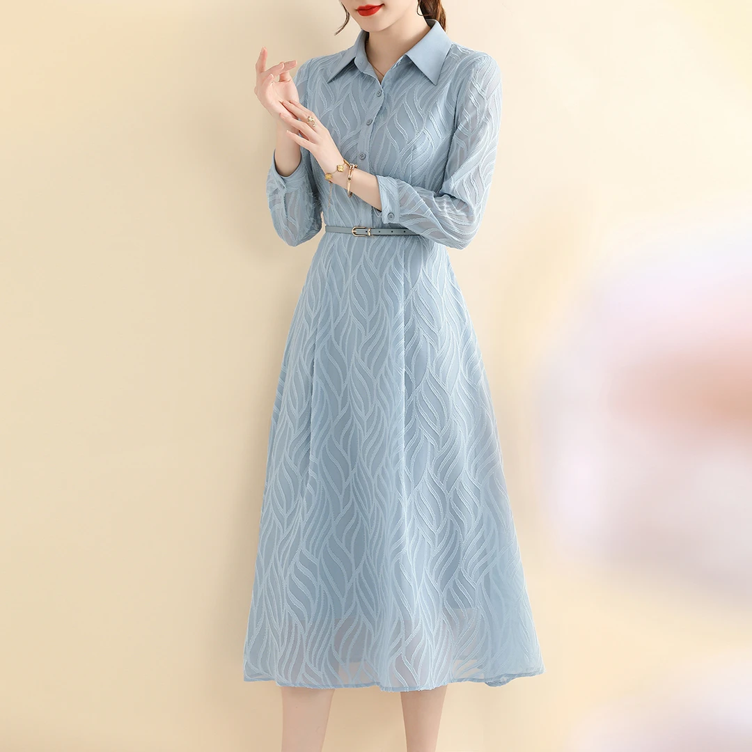 春秋长袖纯色秋装时尚简约修身连衣裙静奢风九分袖复古法式中长款