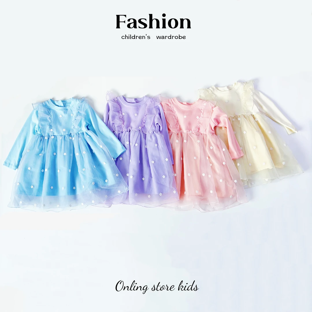 女宝女童春季新款洋气时尚小花网纱长袖连衣裙公主裙合并5098蓝