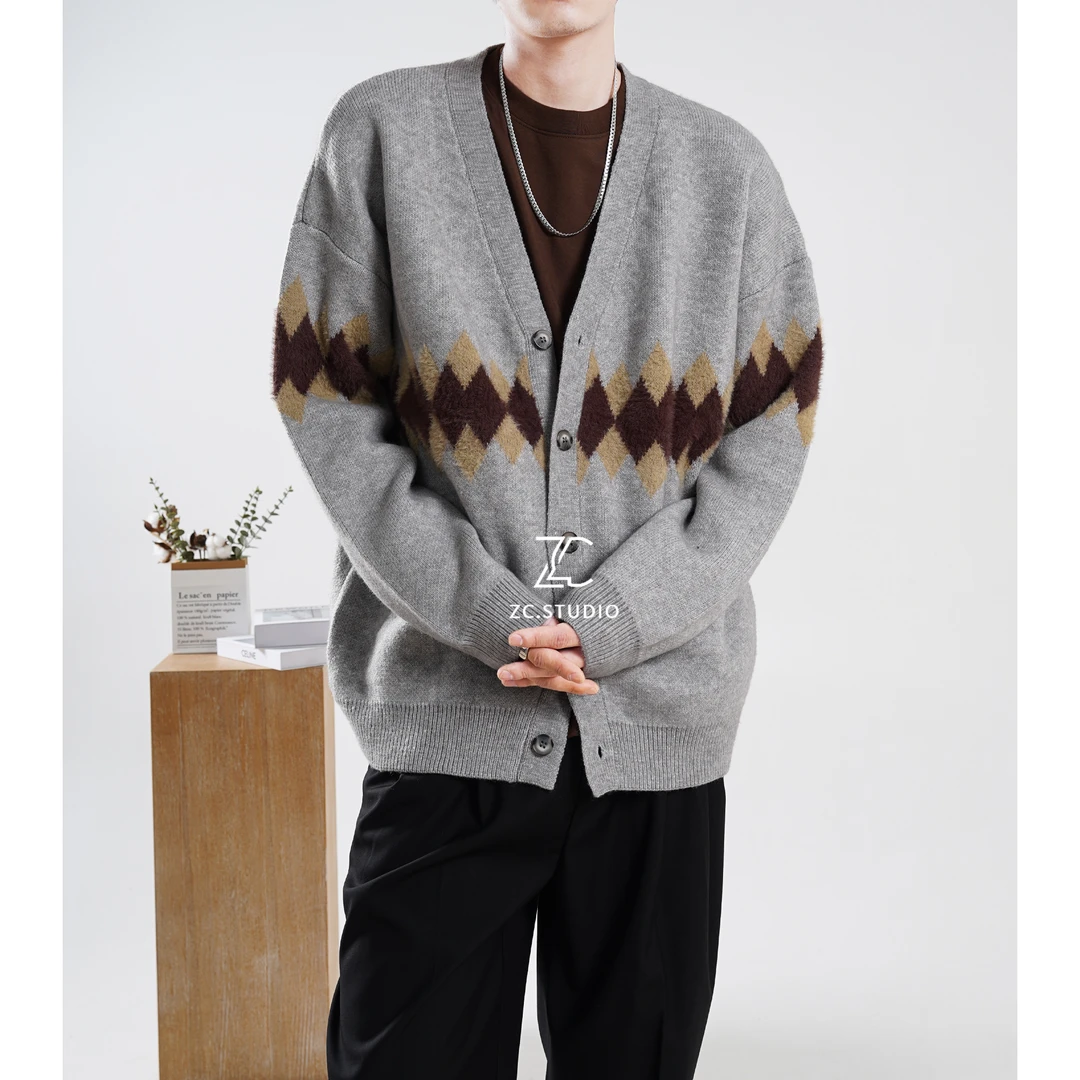 HEIM新款秋冬情侣外套韩版拼色菱格宽松休闲开衫毛衣