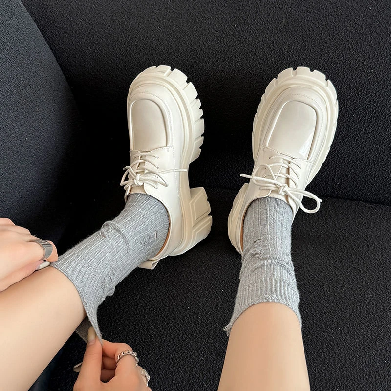 10CM英伦风真皮小皮鞋女春季厚底松糕系带乐福鞋百搭圆头高跟单鞋