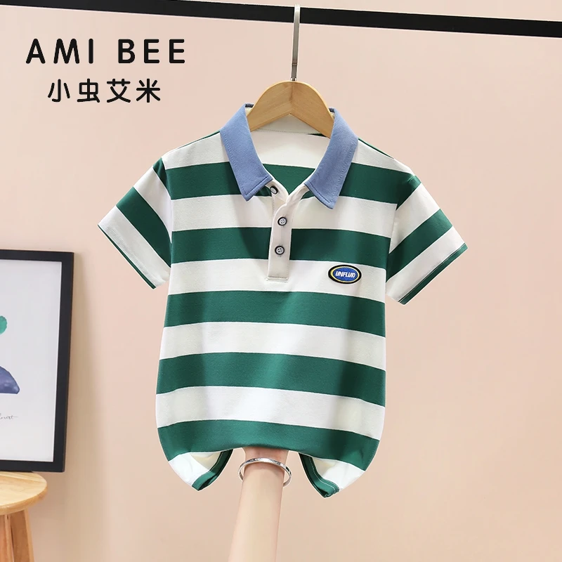 小虫-粗条纹短袖儿童洋气休闲夏季半袖帅气翻领韩版中大童时尚T恤