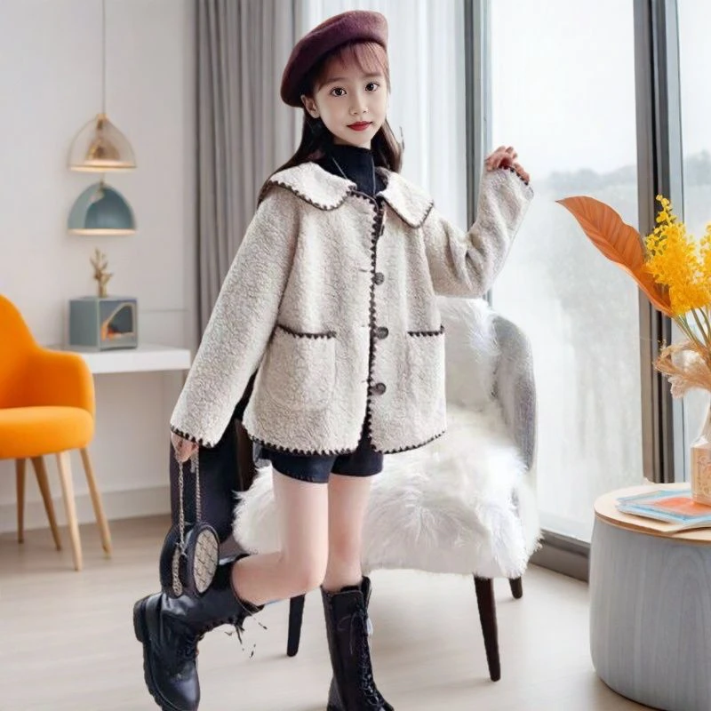 外套女童加厚加绒小香风夹克开衫洋气一体绒儿童春秋冬季中小童