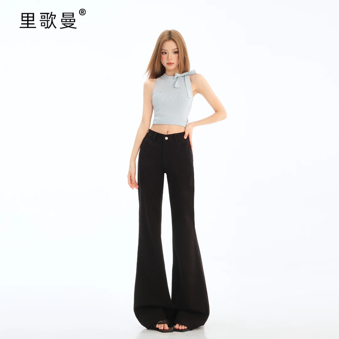 里歌曼黑色辣妹通勤风长裤牛仔裤秋季新款低腰修身高腰提臀微喇裤