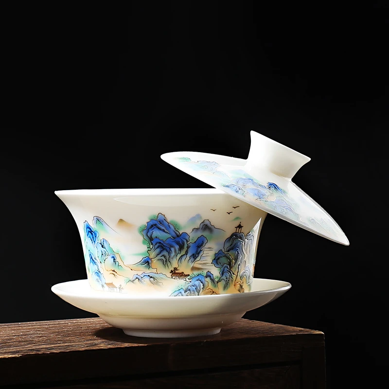 悬停手绘大号盖碗20款手绘320ml羊脂玉陶瓷八宝茶大容量白瓷茶碗