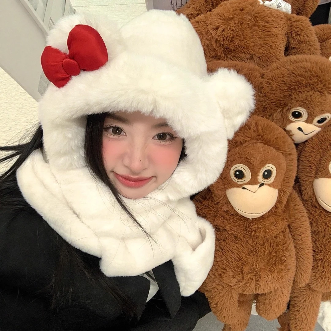 可爱蝴蝶结小熊帽子围巾一体女冬季保暖护耳毛绒雷锋帽手套三件套