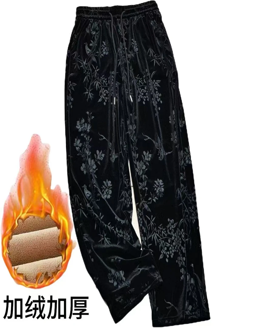 【鸟语花香】富贵竹金钻绒新国风窄版加绒直筒裤面料亲肤柔软有口袋