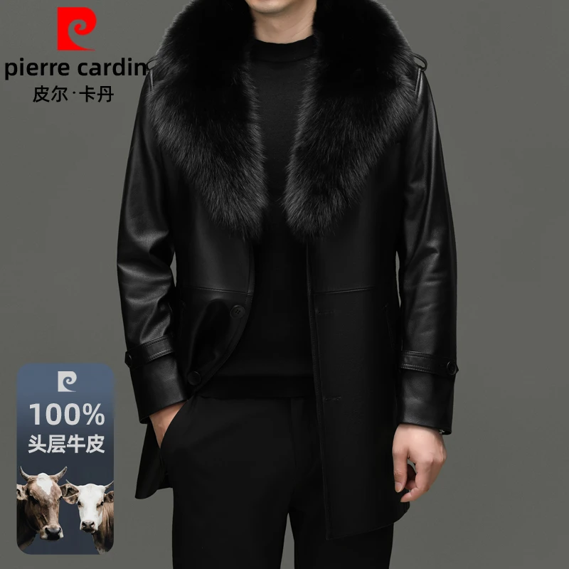 皮尔卡丹真皮皮衣男头层牛皮中长款西装领冬季加绒加厚皮风衣外套
