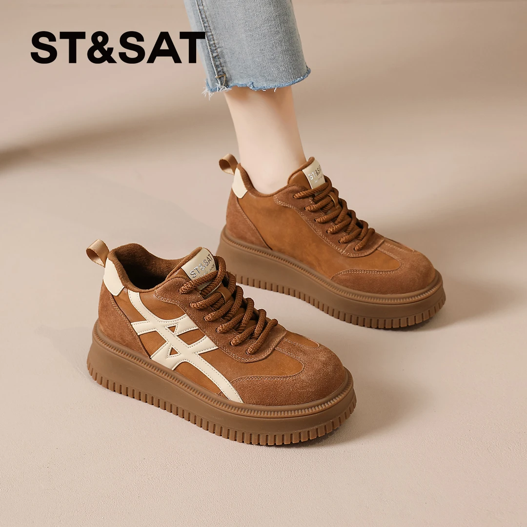 星期六松糕底德训鞋女士2025新款秋季拼色休闲鞋中帮时尚复古潮鞋