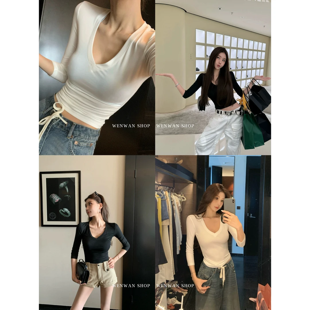 【又瘦又有 】2色！v领七分袖辣妹韩版修身打底T恤