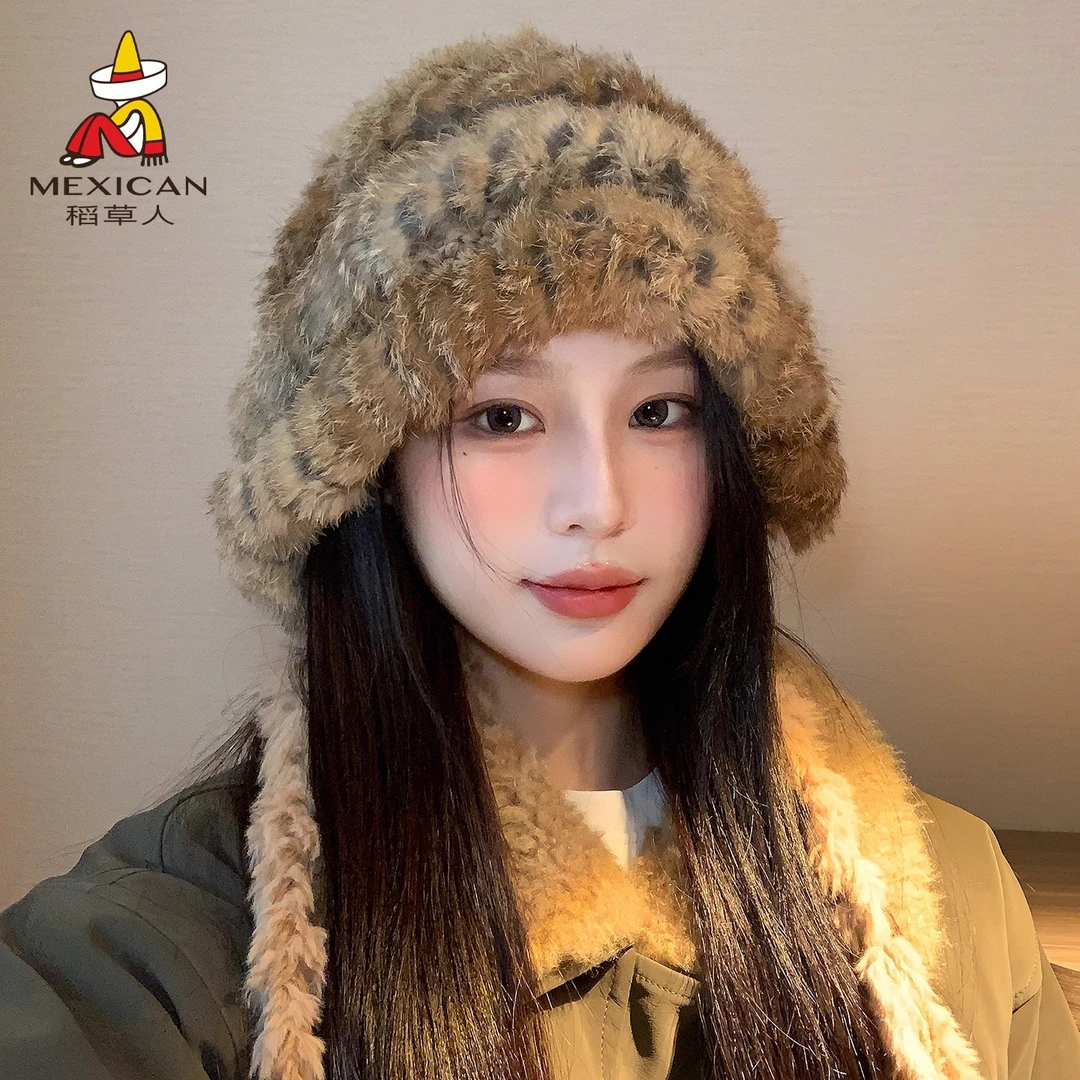 Mexican/稻草人兔毛帽子女冬季保暖针织毛线帽新冬天氛围感包头帽