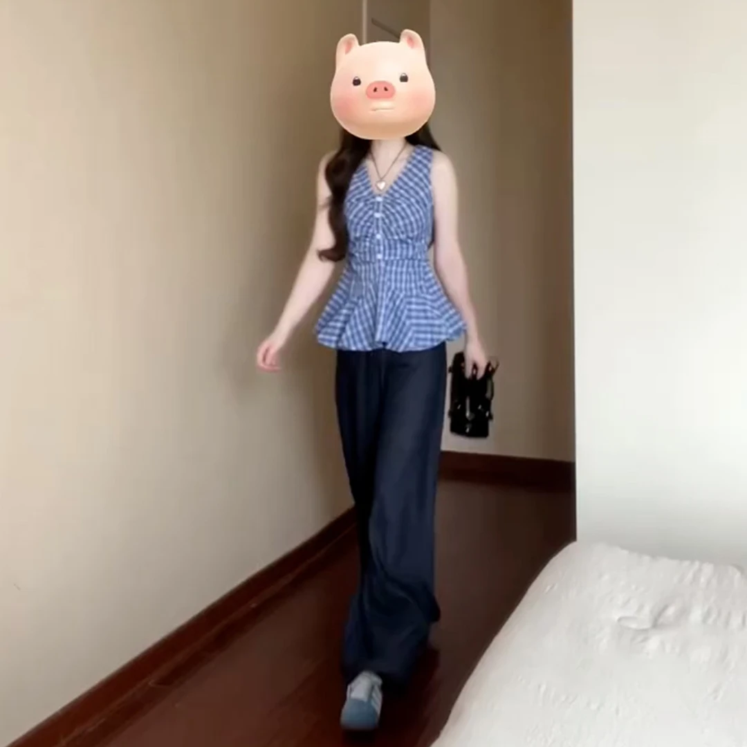 法式蓝色格子V领吊带背心女夏小众设计修身显瘦气质外穿无袖上衣