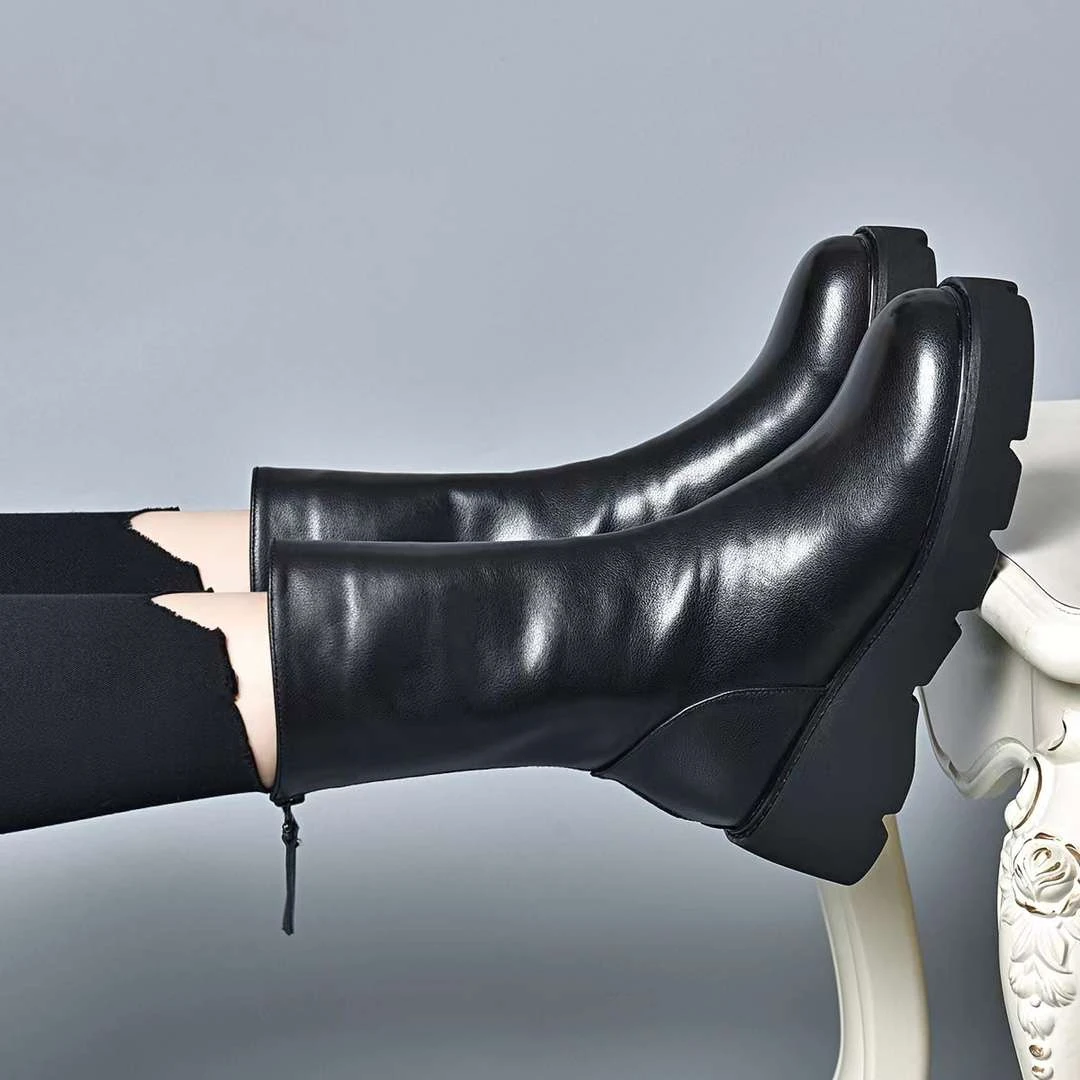 【万达撤柜】牛皮中筒靴女2025新款冬季加绒真皮厚底马丁靴坡跟短