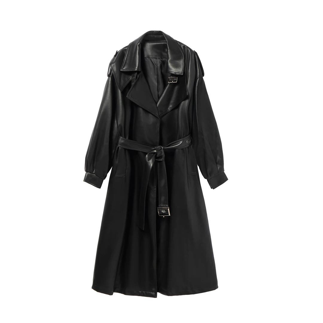 春秋季设计师复古网红收腰显瘦过膝长款皮衣女装外套6211-D