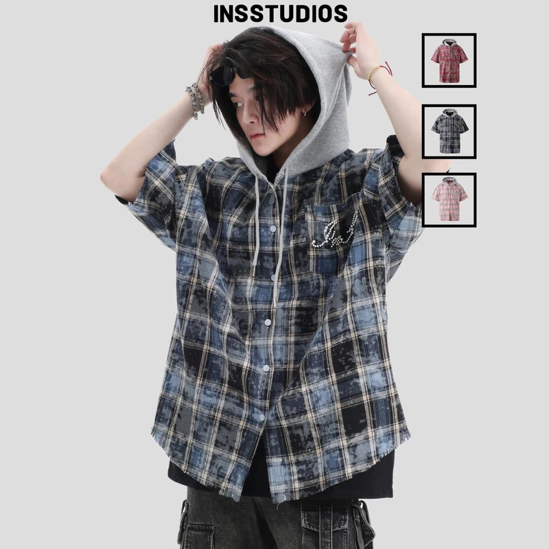 INSstudios国潮牌情侣美式珍珠LOGO假两件格子衬衫短袖连帽衬衣