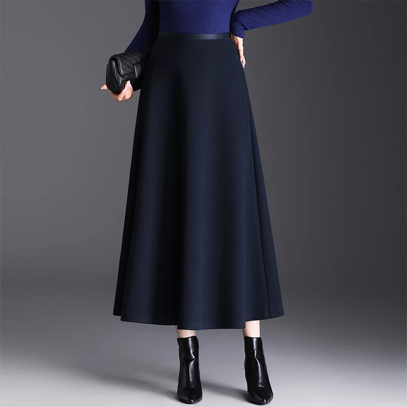 藏青色羊绒呢半身裙女秋冬季新款高腰显瘦遮胯气质长裙百搭a字裙