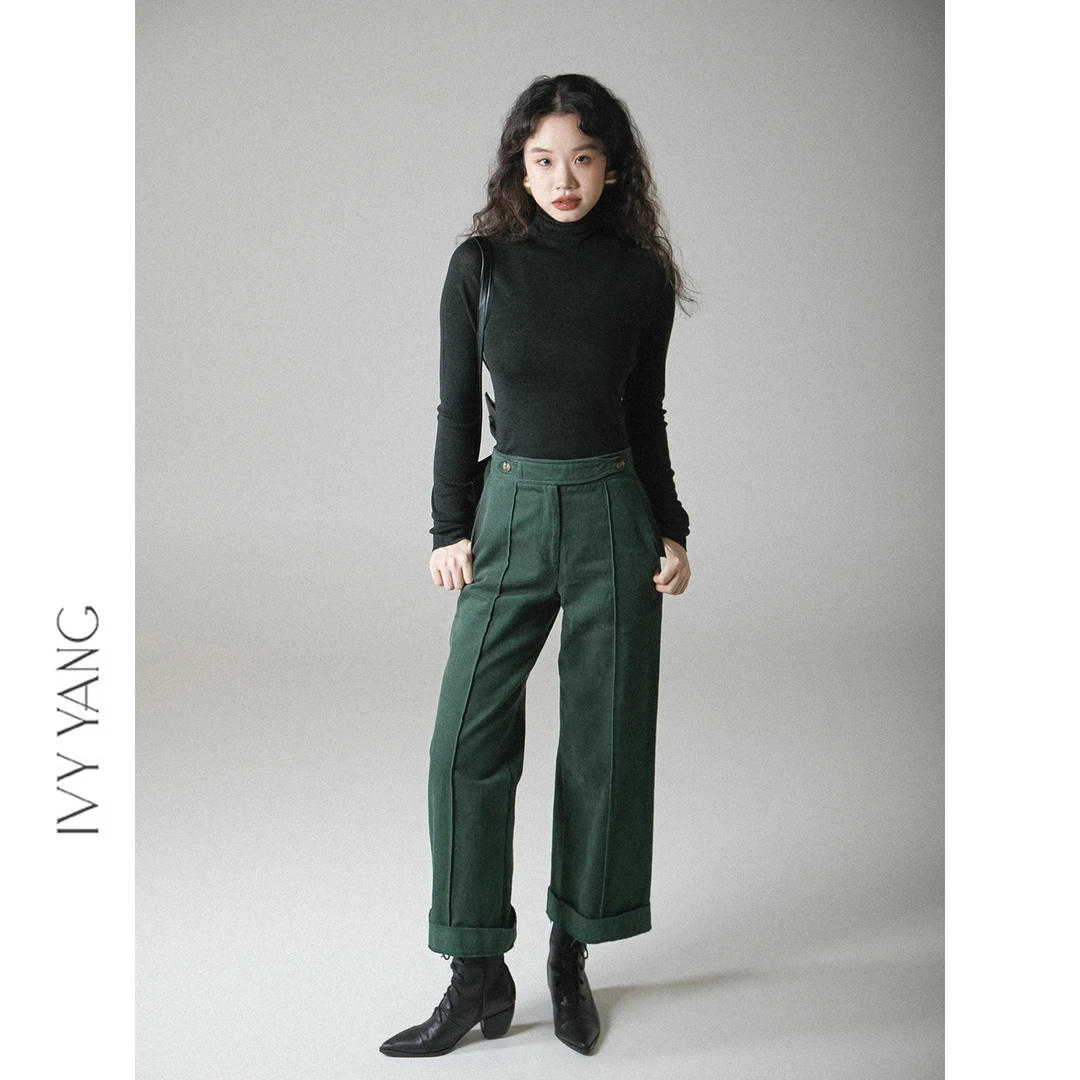 IVY YANG设计感打条中低腰纯棉九分裤