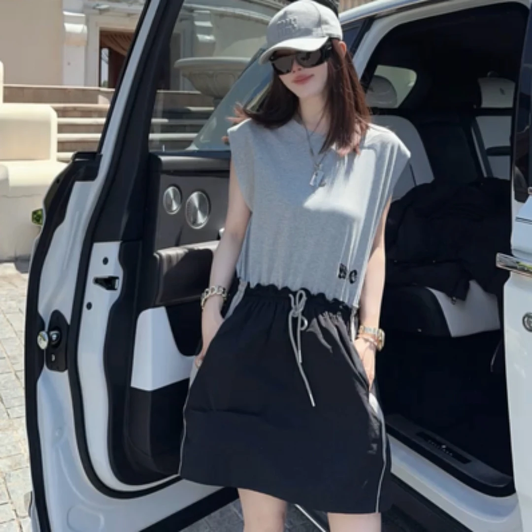 丹宁风腰部抽绳拼接时尚洋气连衣裙洋气高腰百搭字母印花设计感女