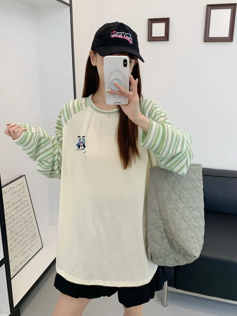 （336）长袖圆领中长款女休闲风拼接韩版宽松薄款百搭秋冬