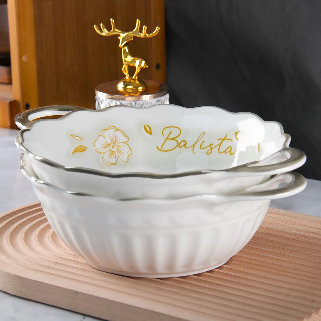 新款10英寸黄金叶双耳碗家用大号陶瓷泡面碗汤碗高颜值防滑防烫