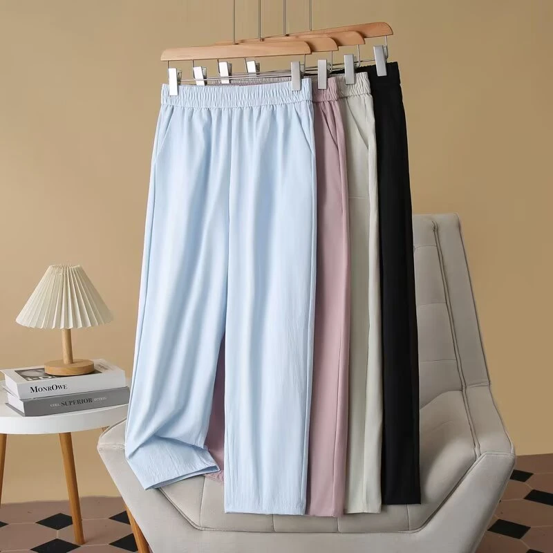 大码女装裤子夏季薄款显瘦时尚休闲裤高腰宽松垂感九分哈伦裤