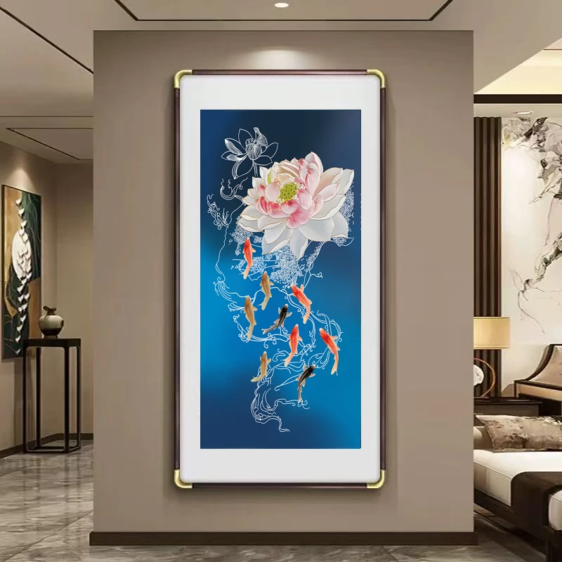 新款九鱼图手工立体金箔描金装饰画玄关挂画客厅过道荷花鱼墙壁画