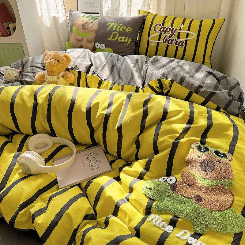 卡通卡皮巴拉毛巾绣床上四件套纯棉100%全棉被套床单床笠四季通用