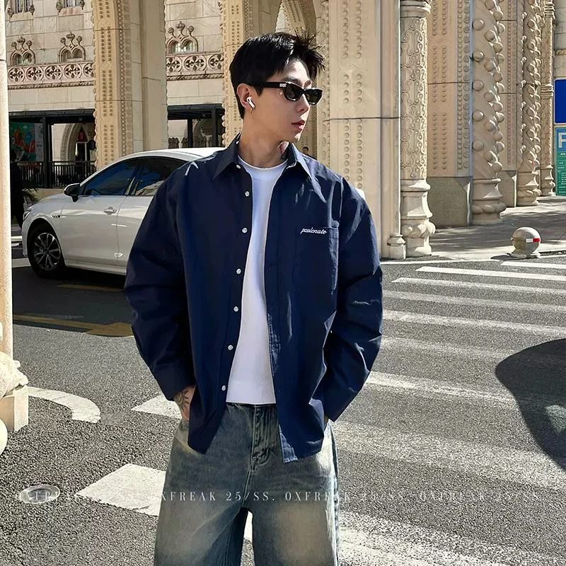OXFREAK 「英文刺绣 海军蓝」高饱和深色长袖衬衫男宽松廓形衬衣