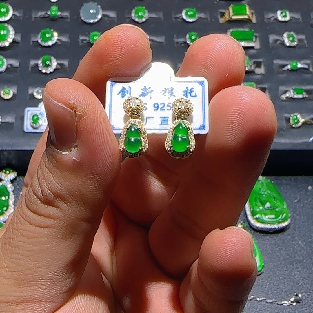 翡翠银S925镀金镶嵌耳饰