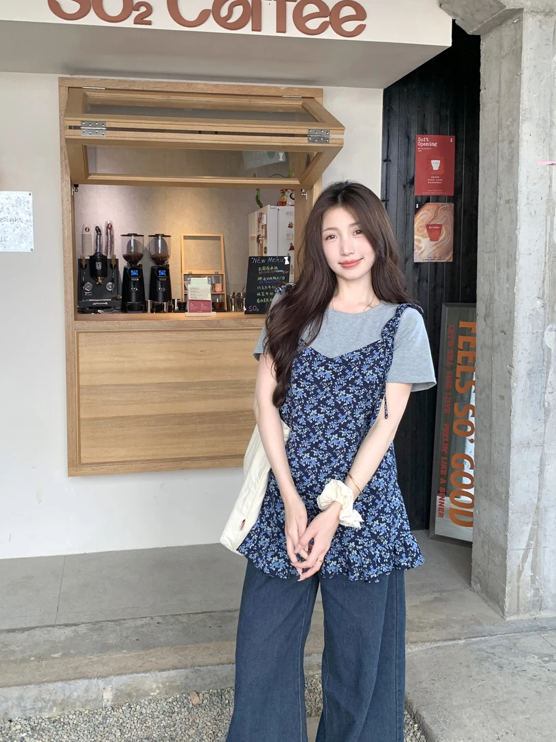 大码胖mm温柔风两件套女夏季碎花吊带大码套装夏季胖mm显瘦高级感