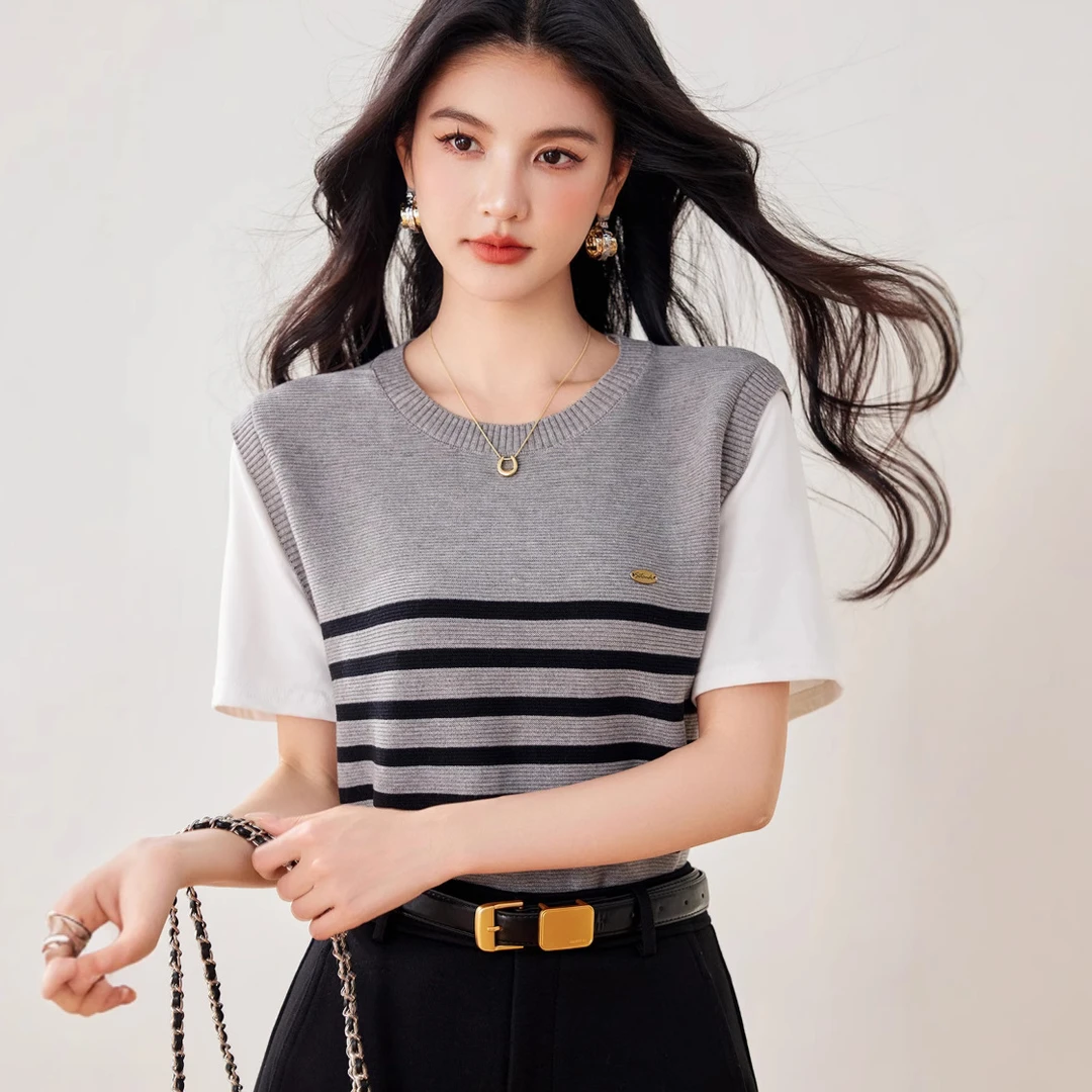 G8029假两件拼接圆领短袖针织衫T恤女修身显瘦条纹上衣夏季新款