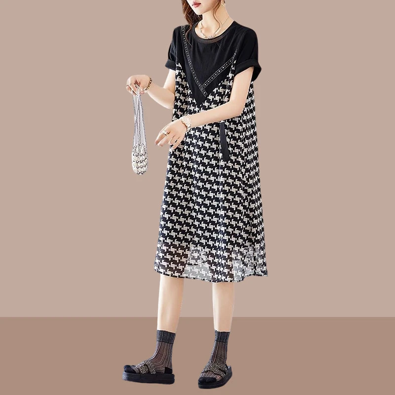 宽松大码新款烫钻印花拼接短袖时尚洋气连衣裙显瘦微胖妹妹女装夏